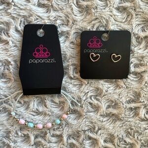 Bracelet and Earring set, paparazzi, silver heart earrings blue/pink bracelet
